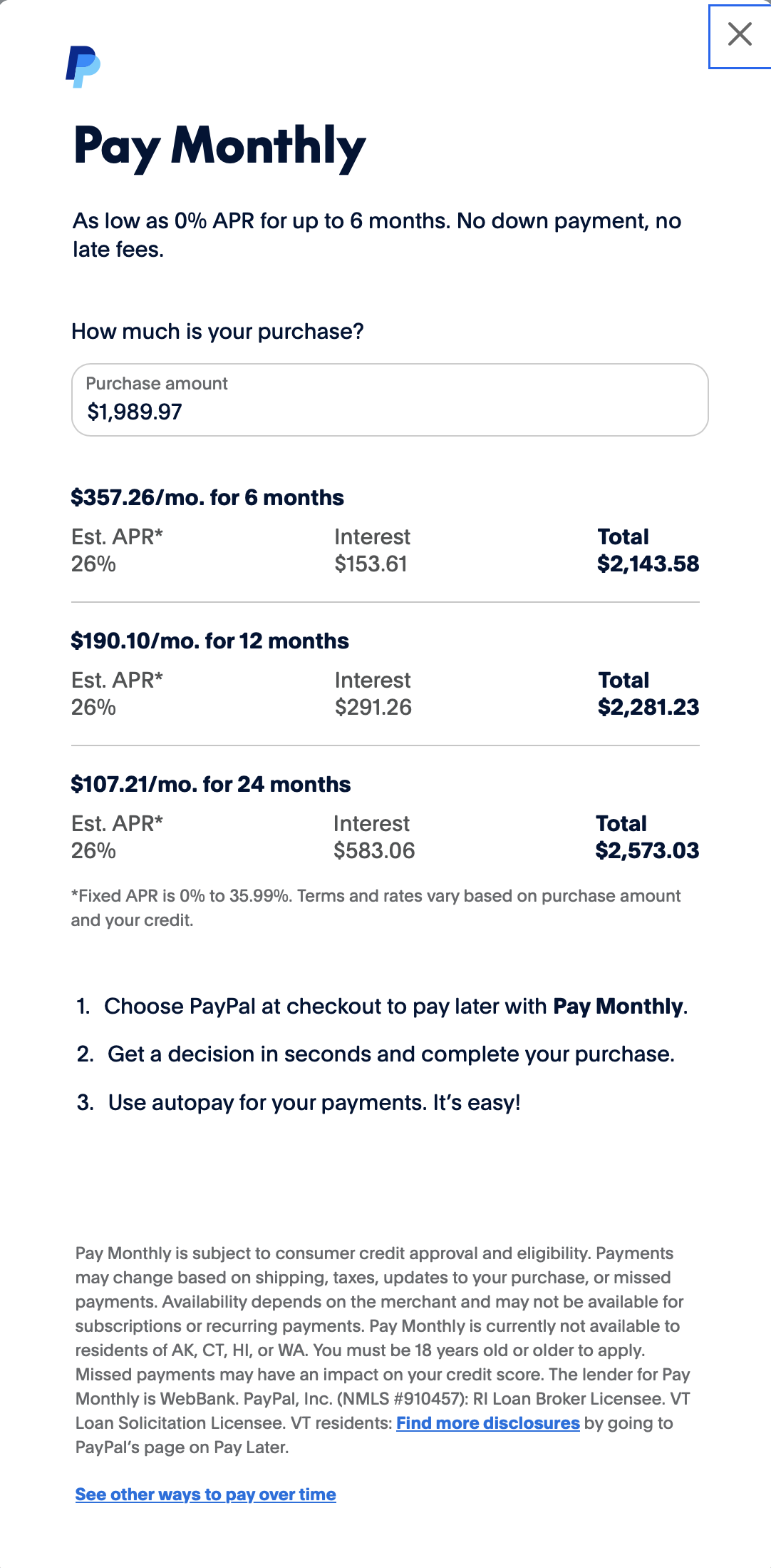 PayPal Pay Monthly financing popup with 6, 12, and 24 month options